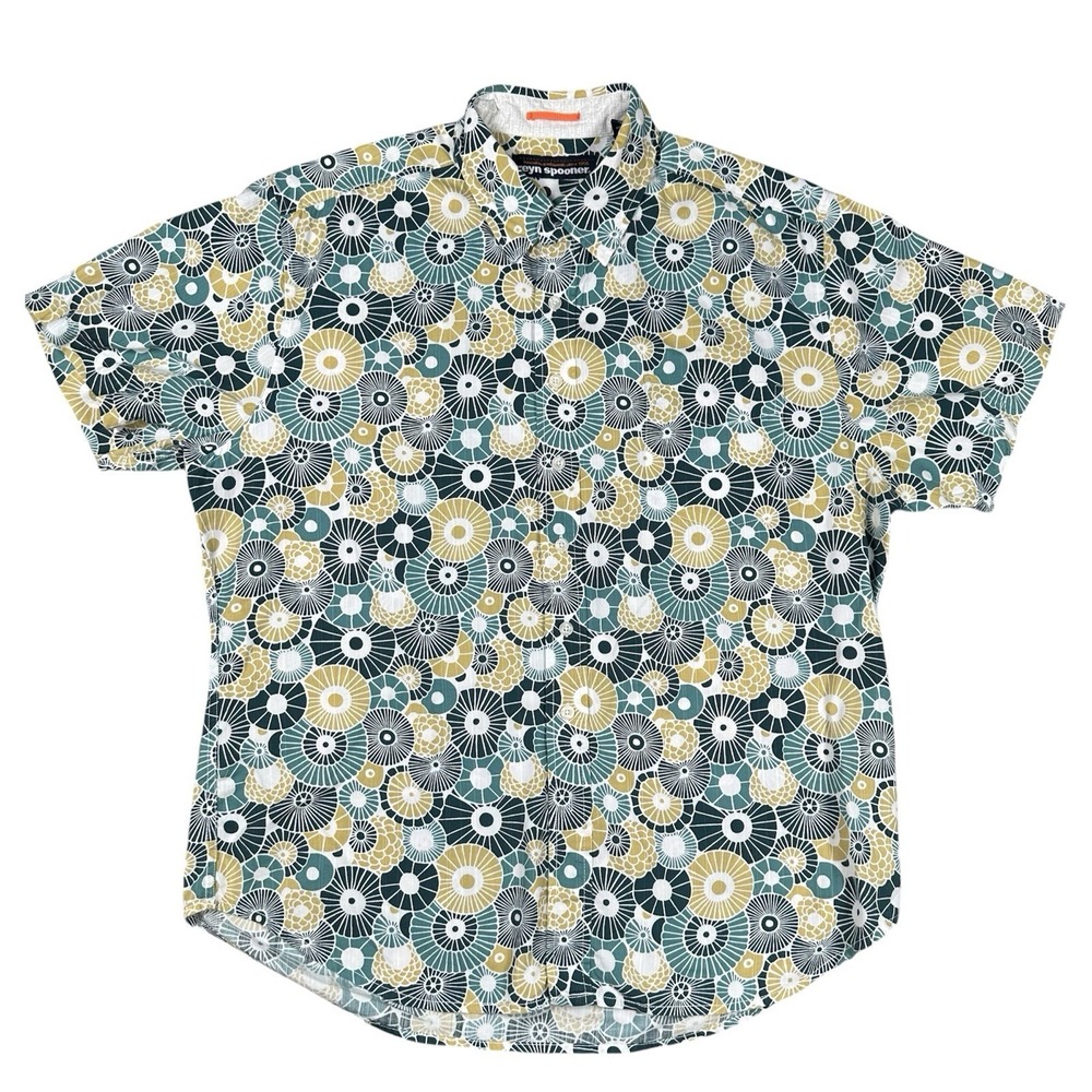 Reyn Spooner Mens Hawaiian Shirt Sz XL Brown White Aloha Geometric Circles AOP